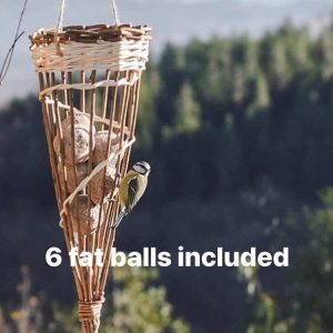 Willow bird feeder with 6 fat balls, wildlife conservation.